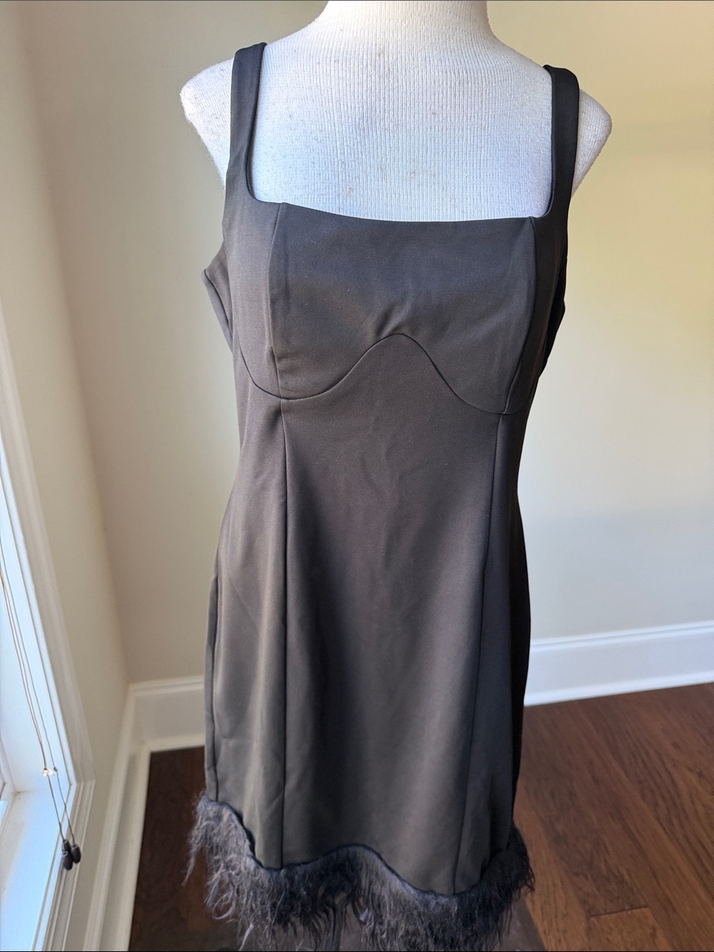 Sleeveless Black Mini Dress with Feather Trim